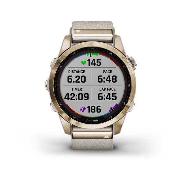 Спортивные часы Garmin Fenix 7S Sapphire Solar Cream Gold Titanium c кремовым нейлоновым ремешком 010-02539-39