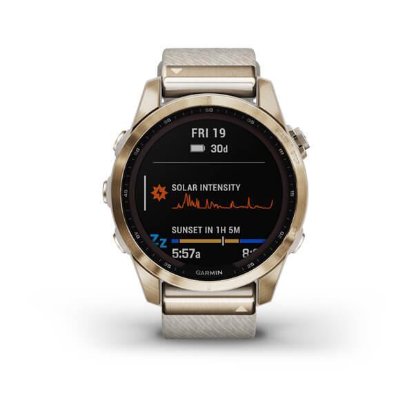 Спортивные часы Garmin Fenix 7S Sapphire Solar Cream Gold Titanium c кремовым нейлоновым ремешком 010-02539-39