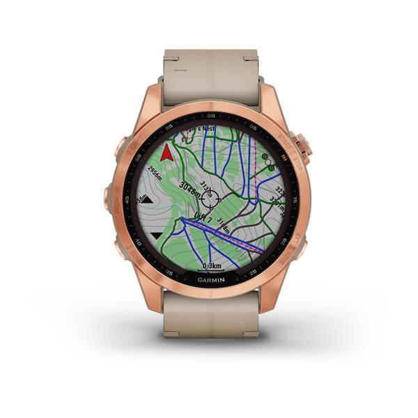 Спортивные часы Garmin Fenix 7S Sapphire Solar Rose Gold Titanium с песчаным кожаным ремешком 010-02539-35