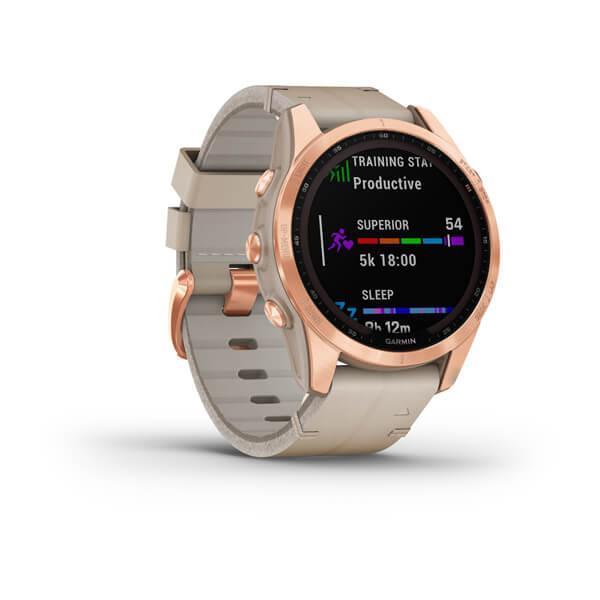 Спортивные часы Garmin Fenix 7S Sapphire Solar Rose Gold Titanium с песчаным кожаным ремешком 010-02539-35