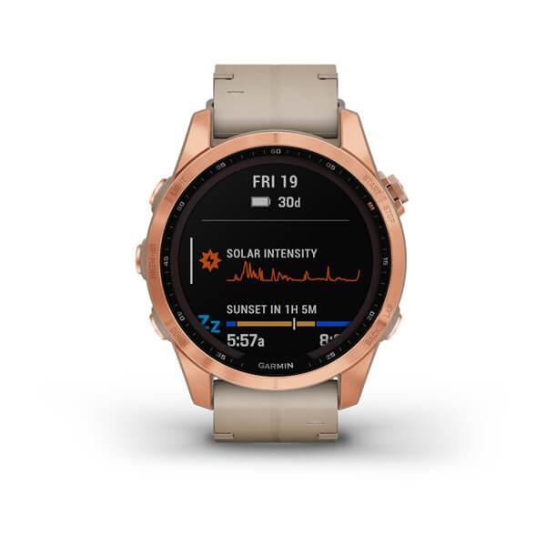 Спортивные часы Garmin Fenix 7S Sapphire Solar Rose Gold Titanium с песчаным кожаным ремешком 010-02539-35