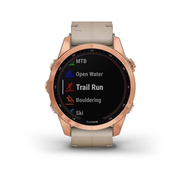Спортивные часы Garmin Fenix 7S Sapphire Solar Rose Gold Titanium с песчаным кожаным ремешком 010-02539-35