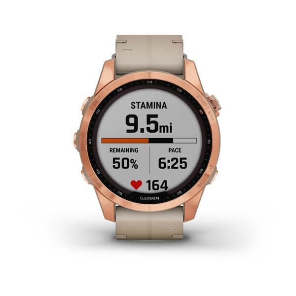 Спортивные часы Garmin Fenix 7S Sapphire Solar Rose Gold Titanium с песчаным кожаным ремешком 010-02539-35