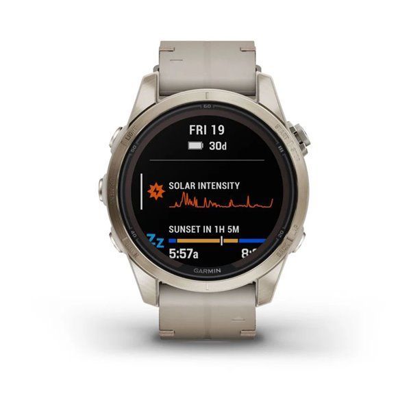 Спортивные часы Garmin Fenix 7S Pro Sapphire Solar Edition Soft Gold с песчаным кожаным ремешком 010-02776-30