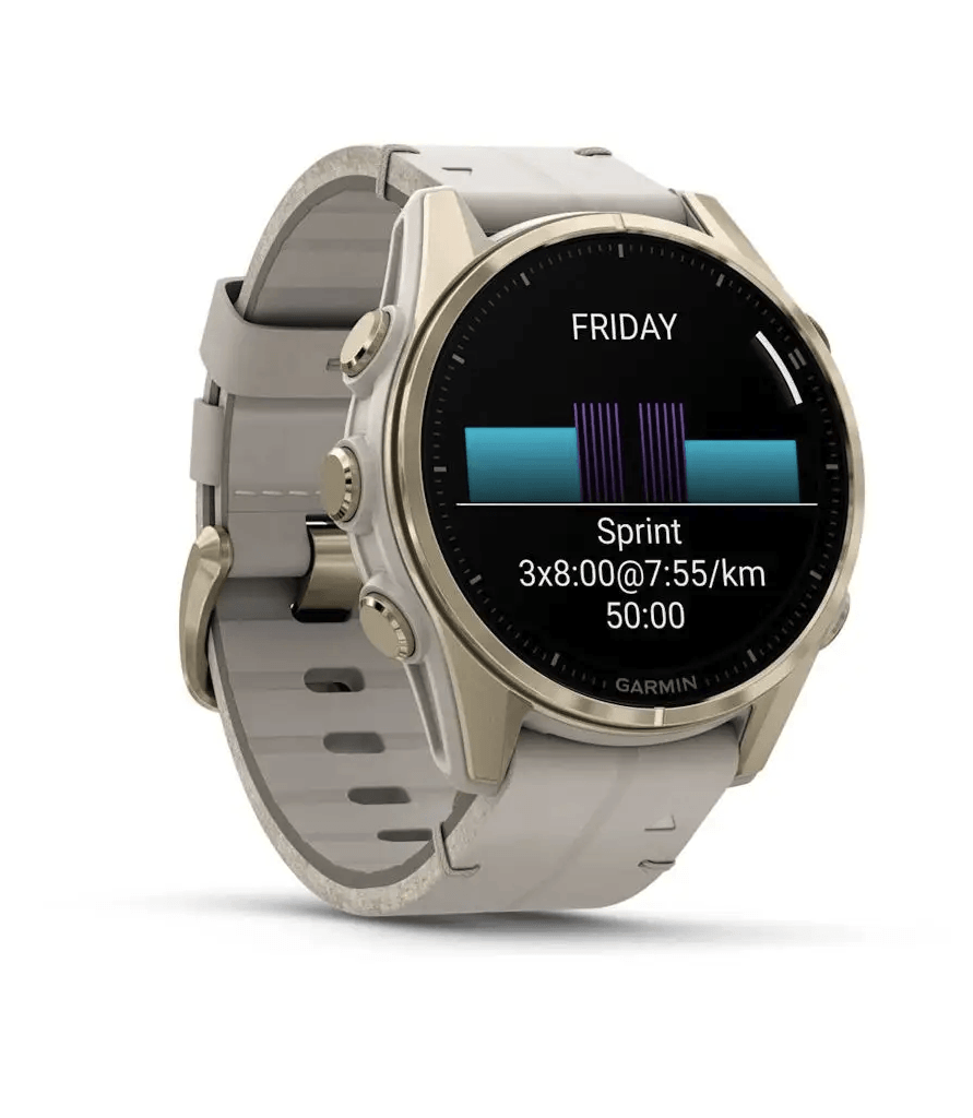 Спортивний годинник Garmin Fenix 8 Amoled 43мм Sapphire Soft Gold с песчаным кожаным ремешком 010-02903-40