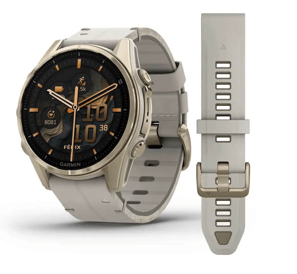 Спортивний годинник Garmin Fenix 8 Amoled 43мм Sapphire Soft Gold с песчаным кожаным ремешком 010-02903-40