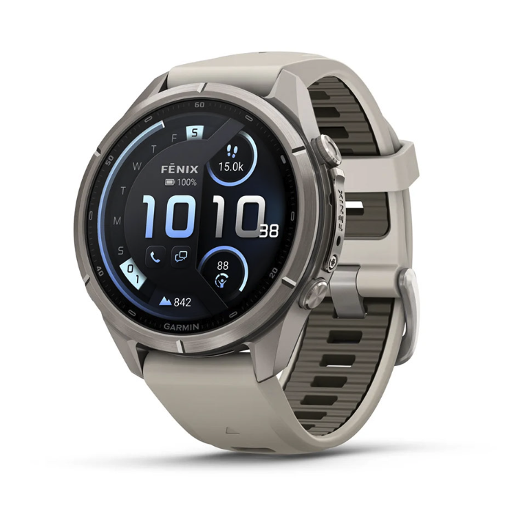 Спортивные часы Garmin Fenix 9 Pro Amoled inReach 43 мм Titanium з Fog Grey Dark Sandstone с серым силиконовым ремешком 010-04335-81