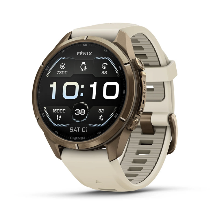 Спортивные часы Garmin Fenix 9 Pro Amoled 43 мм Autumn Gold Titanium з Cream French Grey с бежевым силиконовым ремешком 010-04335-26